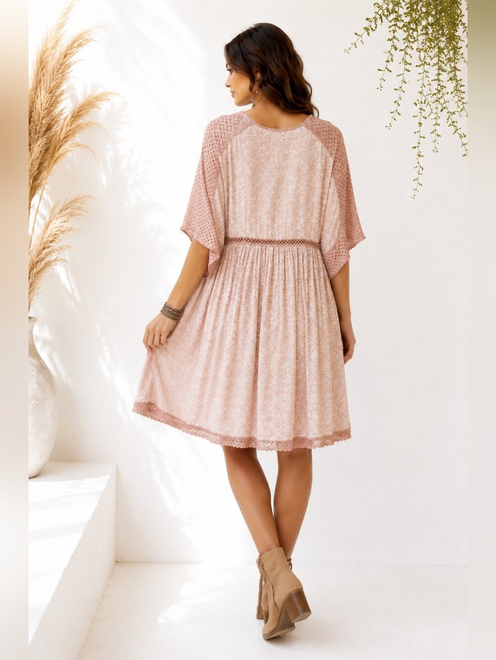 Olivaceous Blush Pink Boho Babydoll Dress | Lace Trim Cottagecore | Size S - Picture 2 of 7